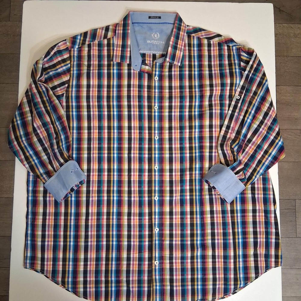 Mens  Bugatchi Long Sleeve Button Down Shirt Multi-Colored Plaid Cotton